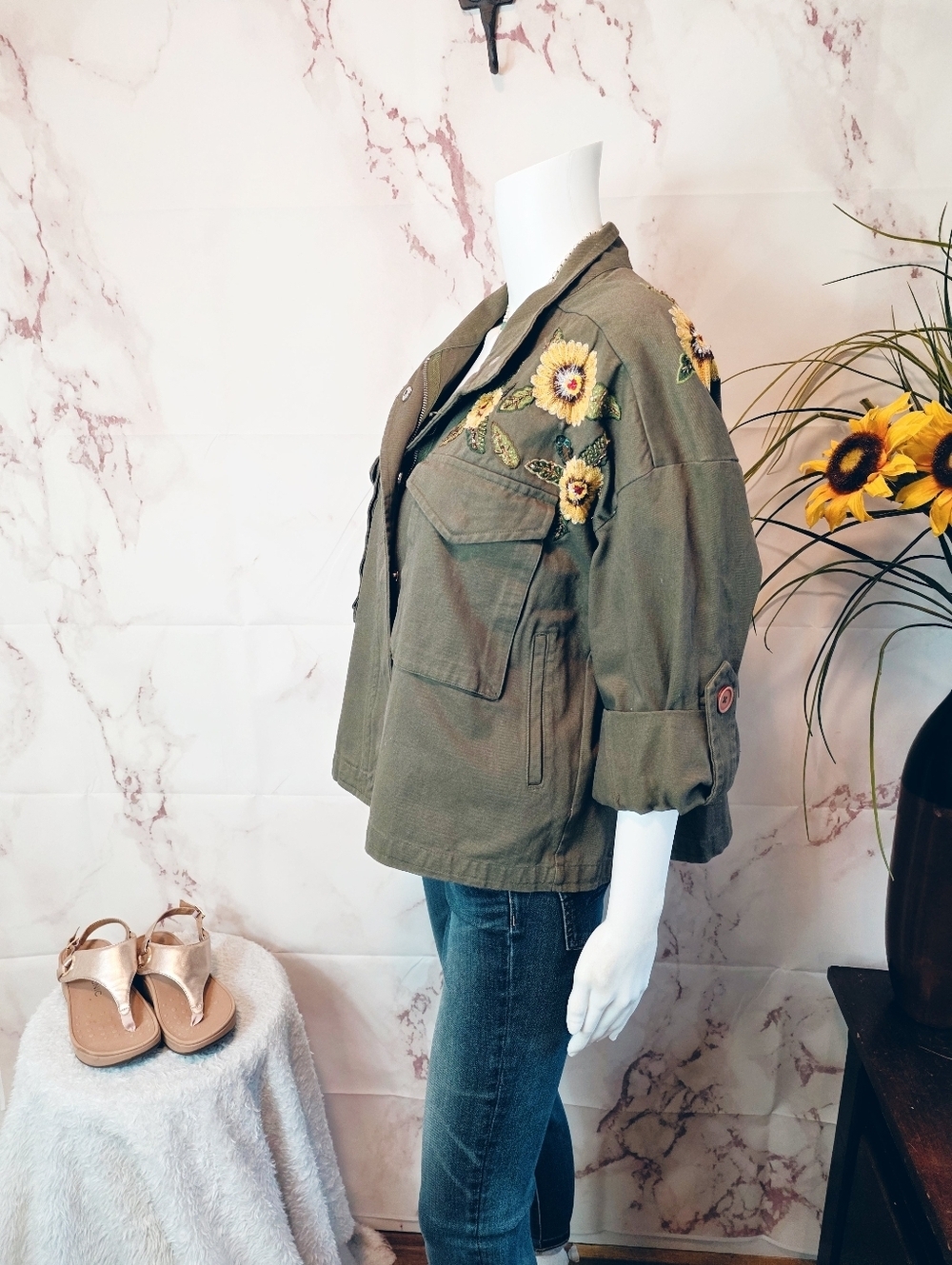 Mango Embroidered Utility Jacket Olive Floral Military Boho S - Picture 6 of 12